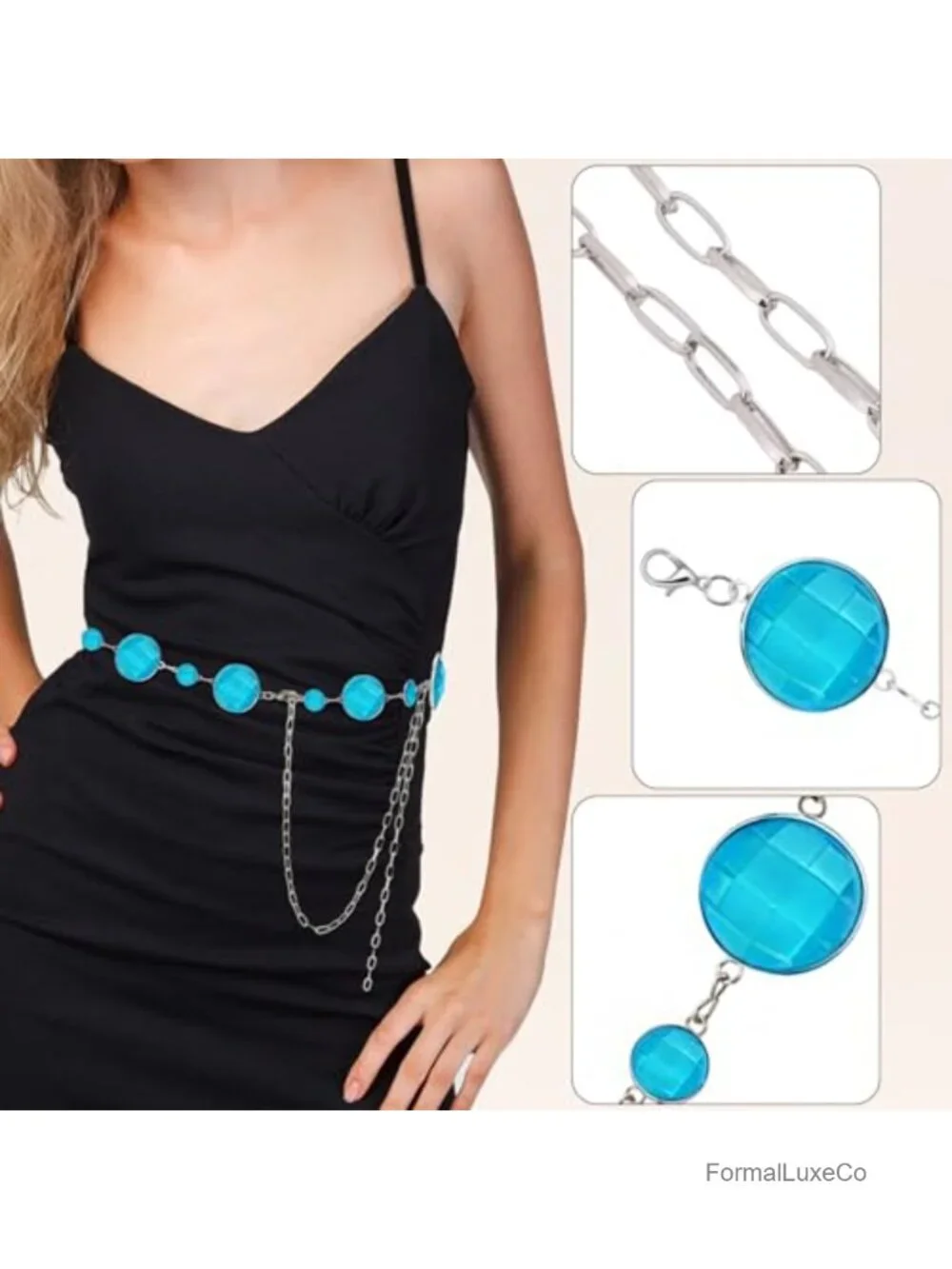 Women's Crystal Chain Waist Belt Adjustable Silver & Blue Western Cowgirl Bridal